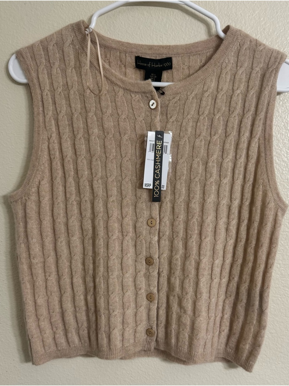 House of Harlow 1960 Women's Cable Knit 100% Cashmere Button Front Vest - Tan